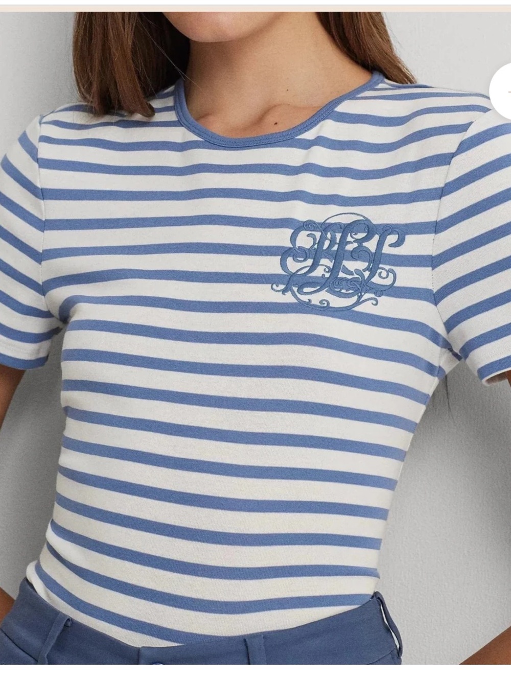 Lauren Ralph Lauren Blue & White Striped Tee with Logo Detail